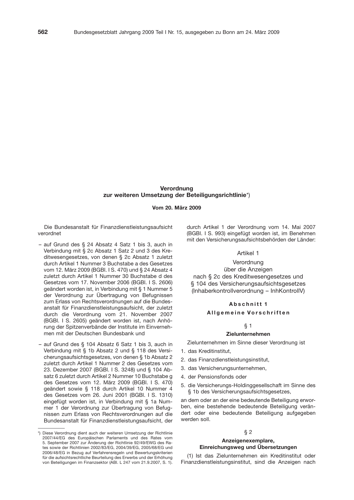 BGBl. 2009, Seite 562 — Originalseite als Abbildung