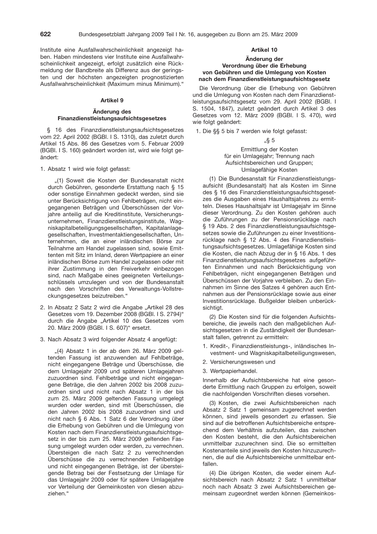 BGBl. 2009, Seite 622 — Originalseite als Abbildung