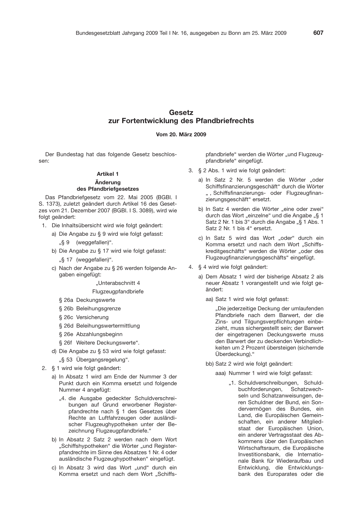 BGBl. 2009, Seite 607 — Originalseite als Abbildung