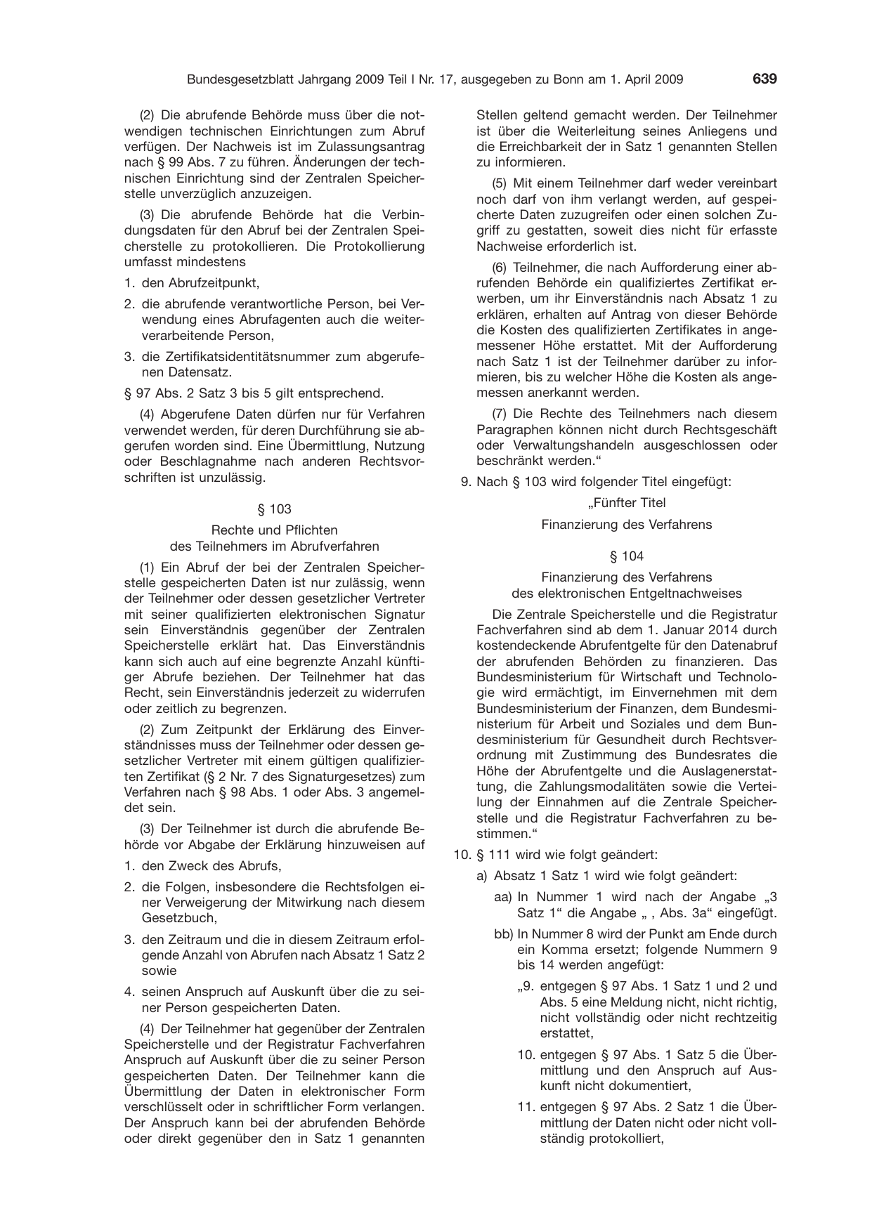 BGBl. 2009, Seite 639 — Originalseite als Abbildung