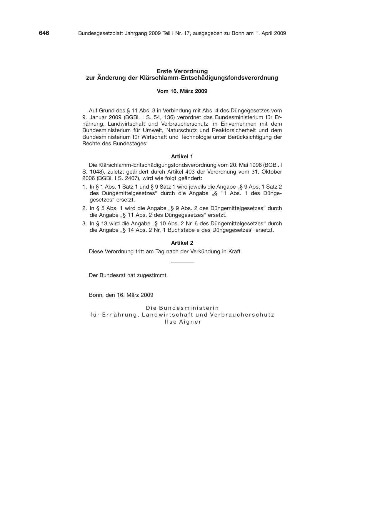BGBl. 2009, Seite 646 — Originalseite als Abbildung