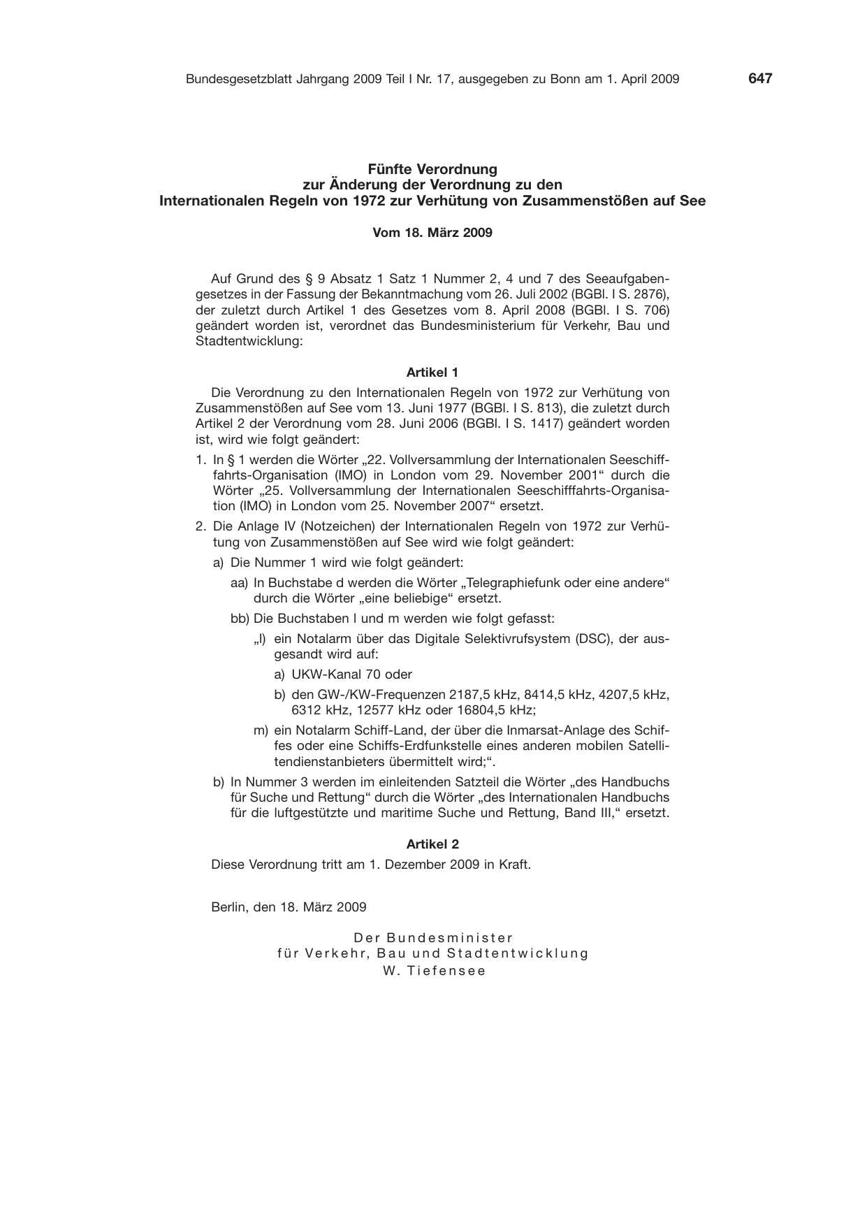 BGBl. 2009, Seite 647 — Originalseite als Abbildung