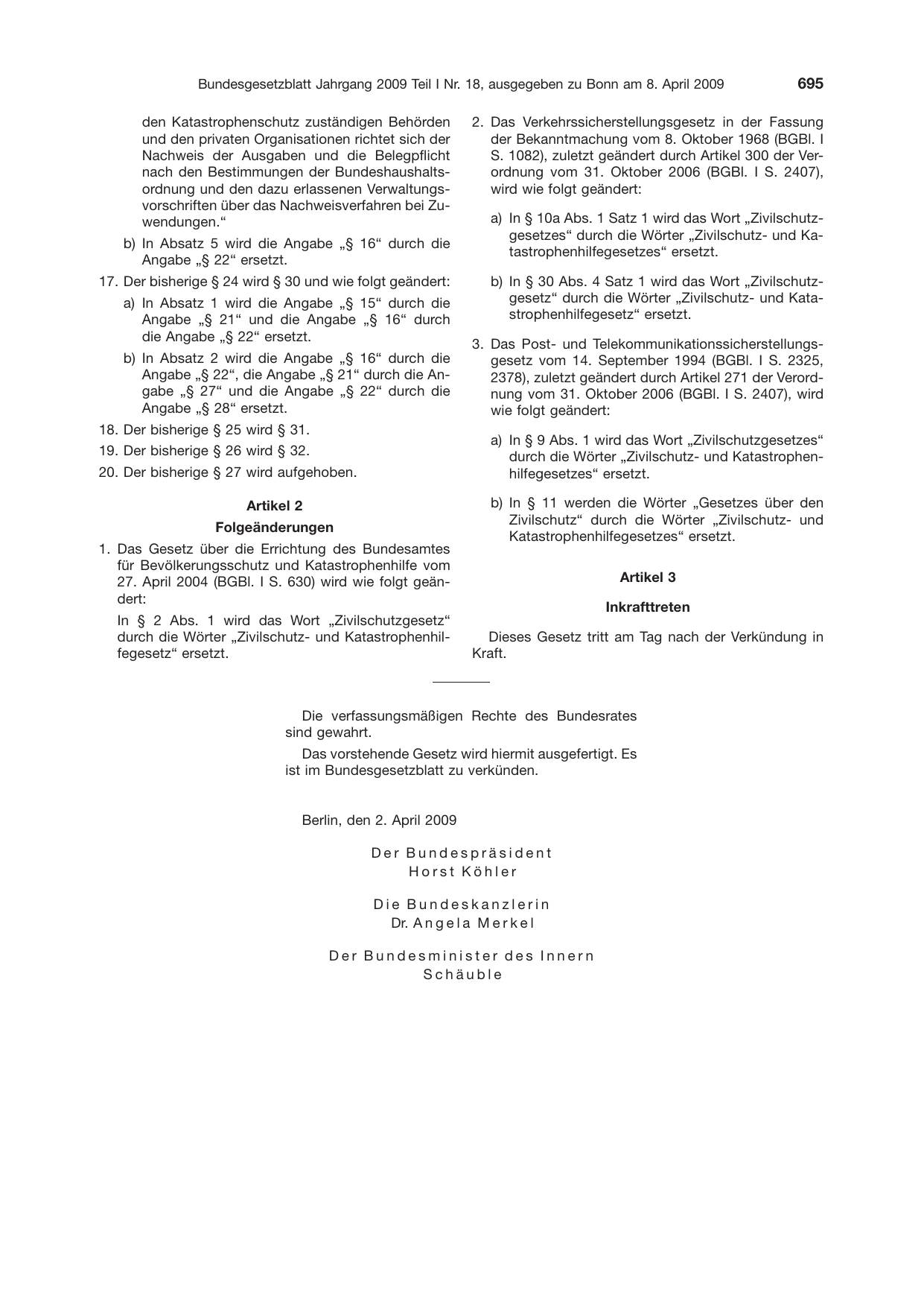 BGBl. 2009, Seite 695 — Originalseite als Abbildung