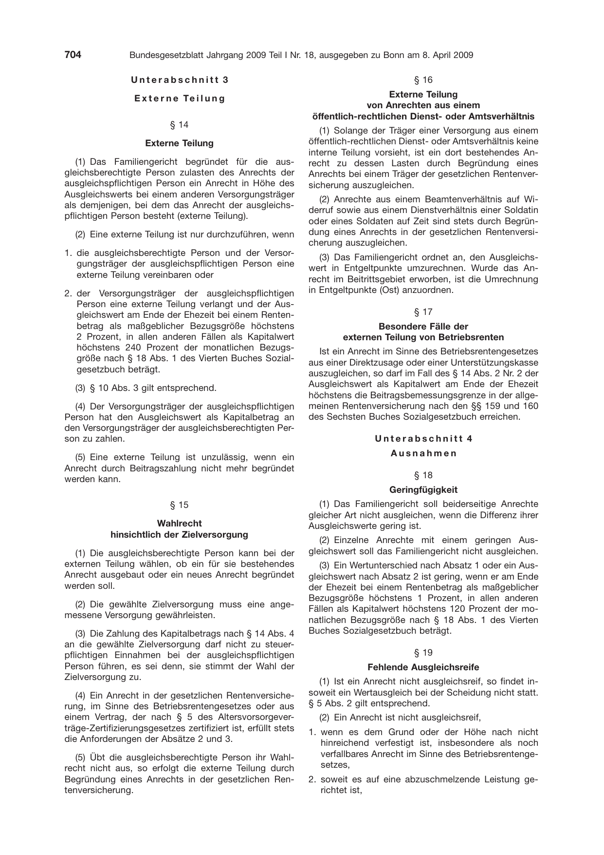 BGBl. 2009, Seite 704 — Originalseite als Abbildung