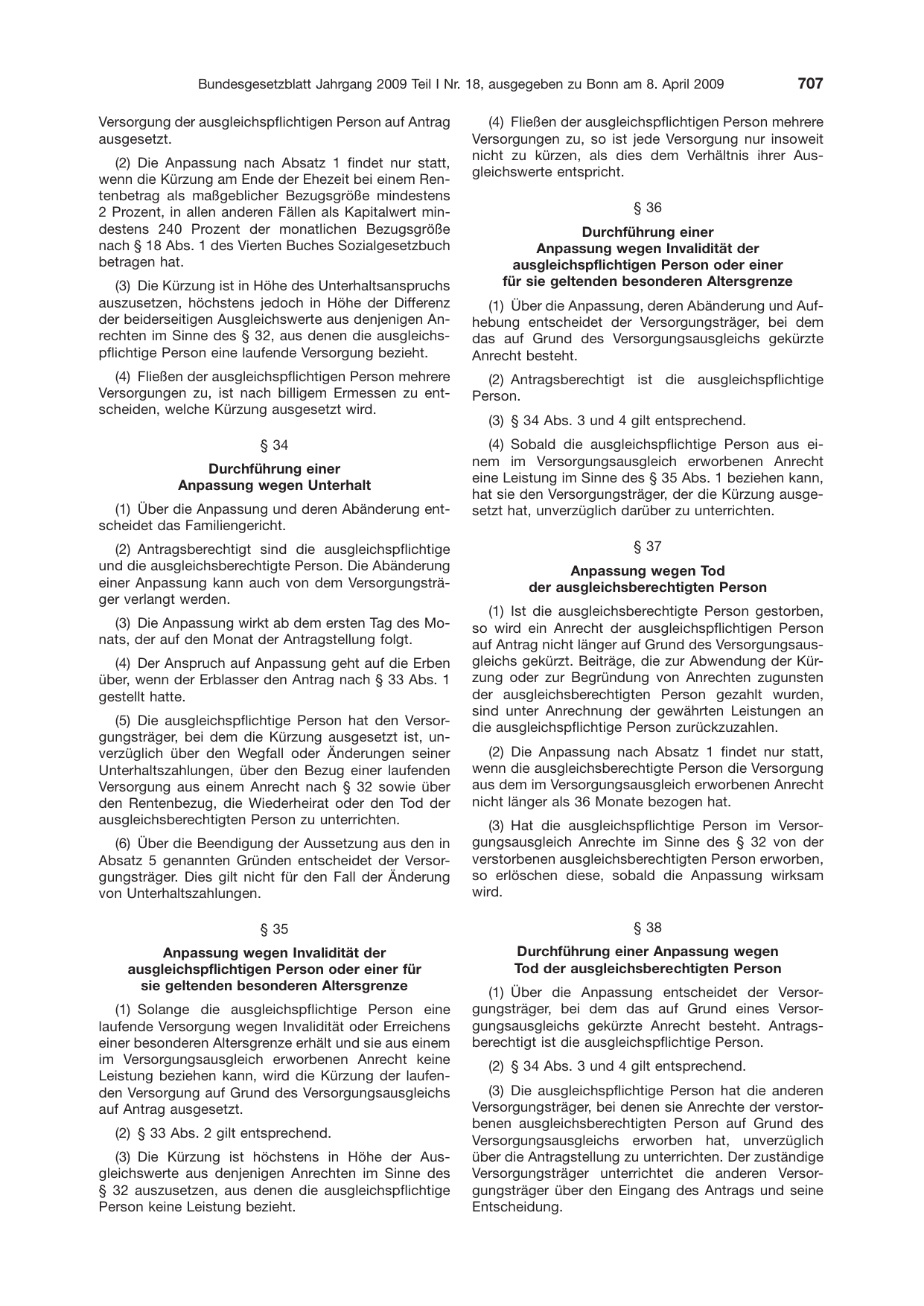 BGBl. 2009, Seite 707 — Originalseite als Abbildung