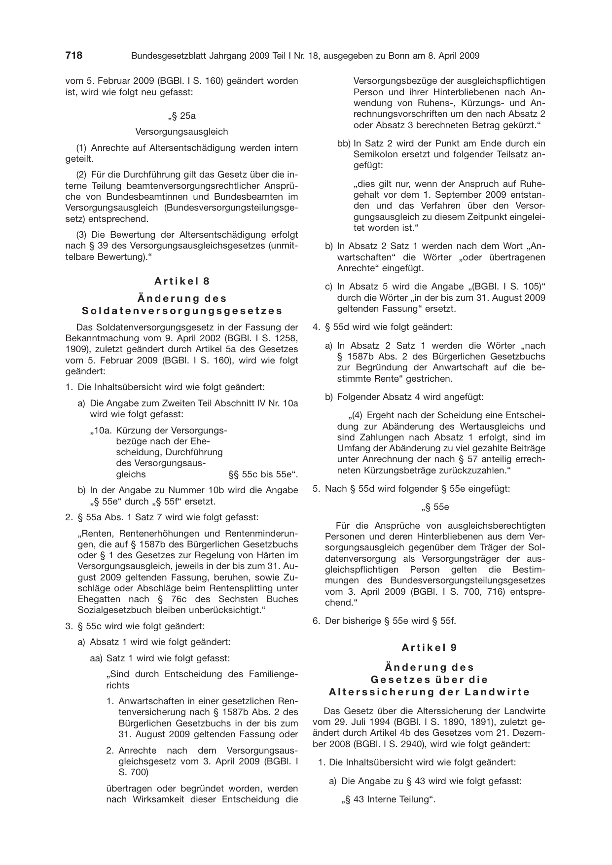 BGBl. 2009, Seite 718 — Originalseite als Abbildung