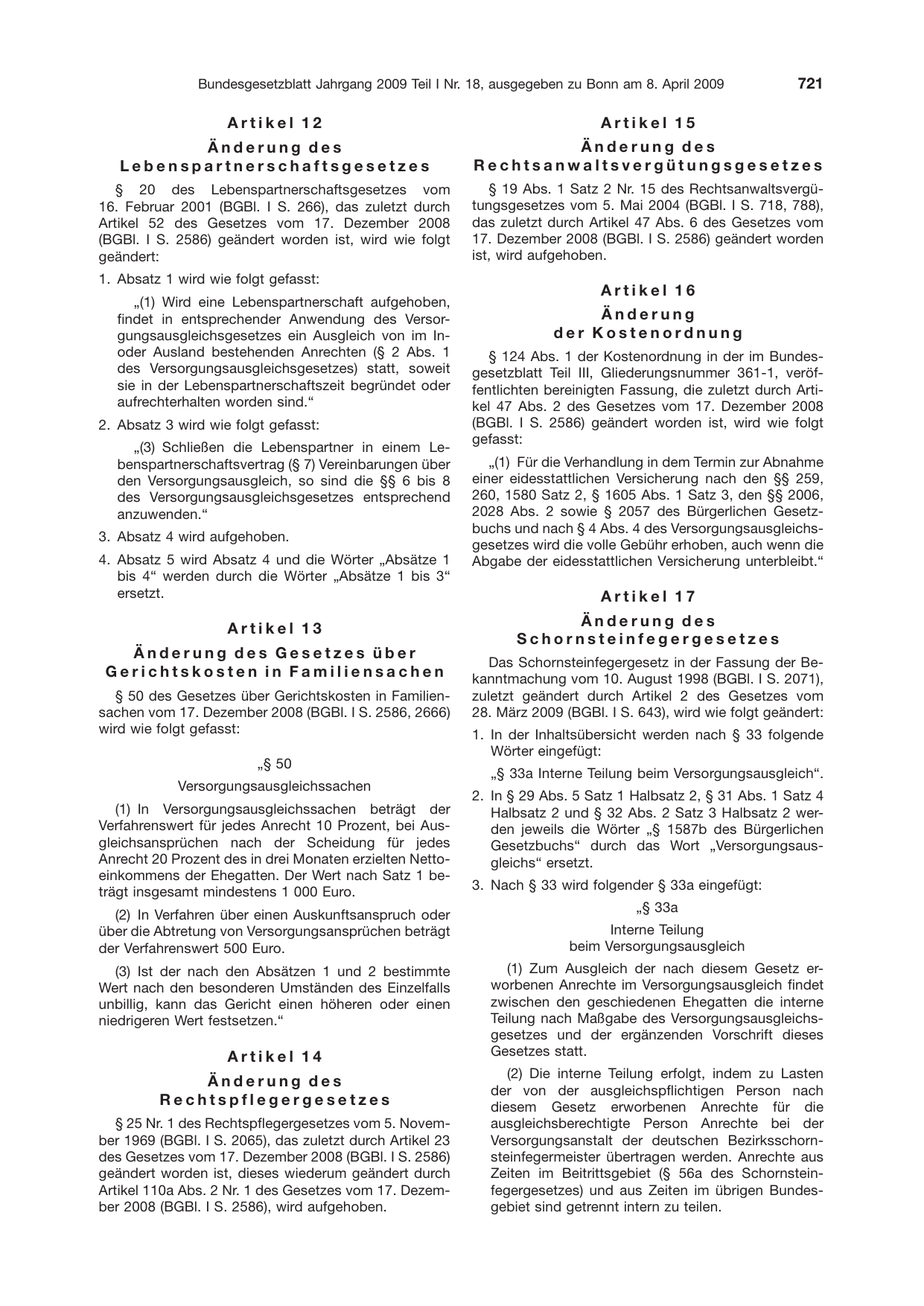 BGBl. 2009, Seite 721 — Originalseite als Abbildung