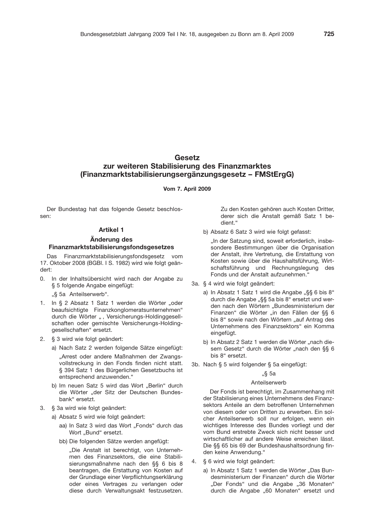 BGBl. 2009, Seite 725 — Originalseite als Abbildung