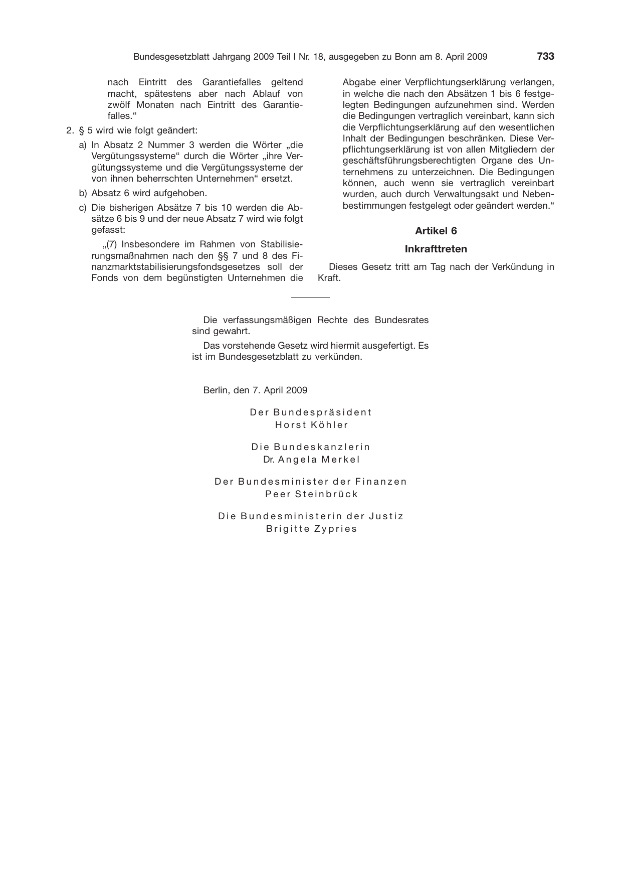 BGBl. 2009, Seite 733 — Originalseite als Abbildung