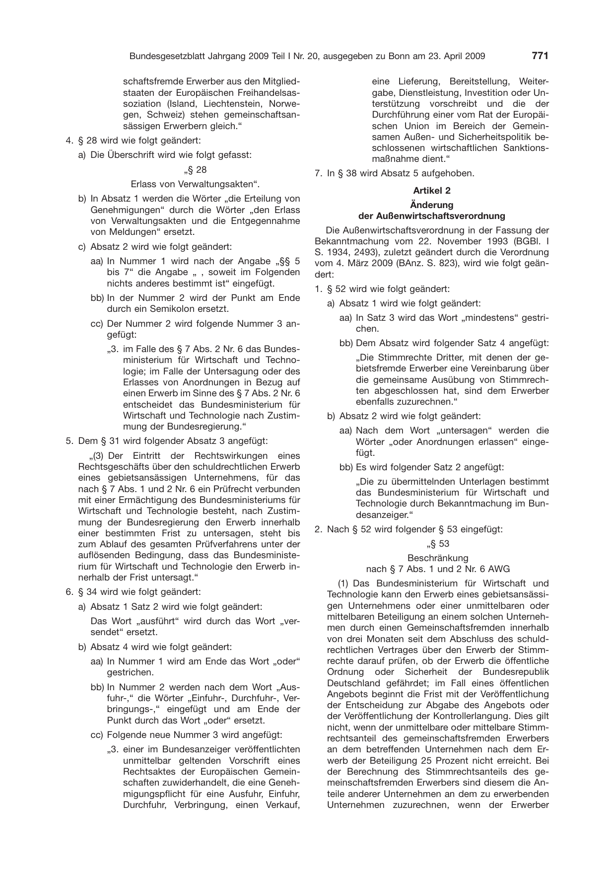 BGBl. 2009, Seite 771 — Originalseite als Abbildung