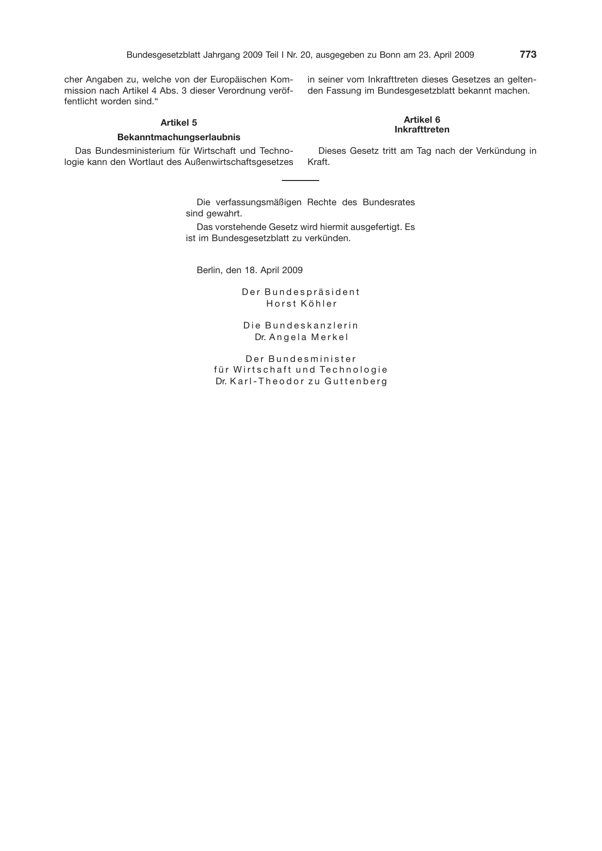BGBl. 2009, Seite 773 — Originalseite als Abbildung