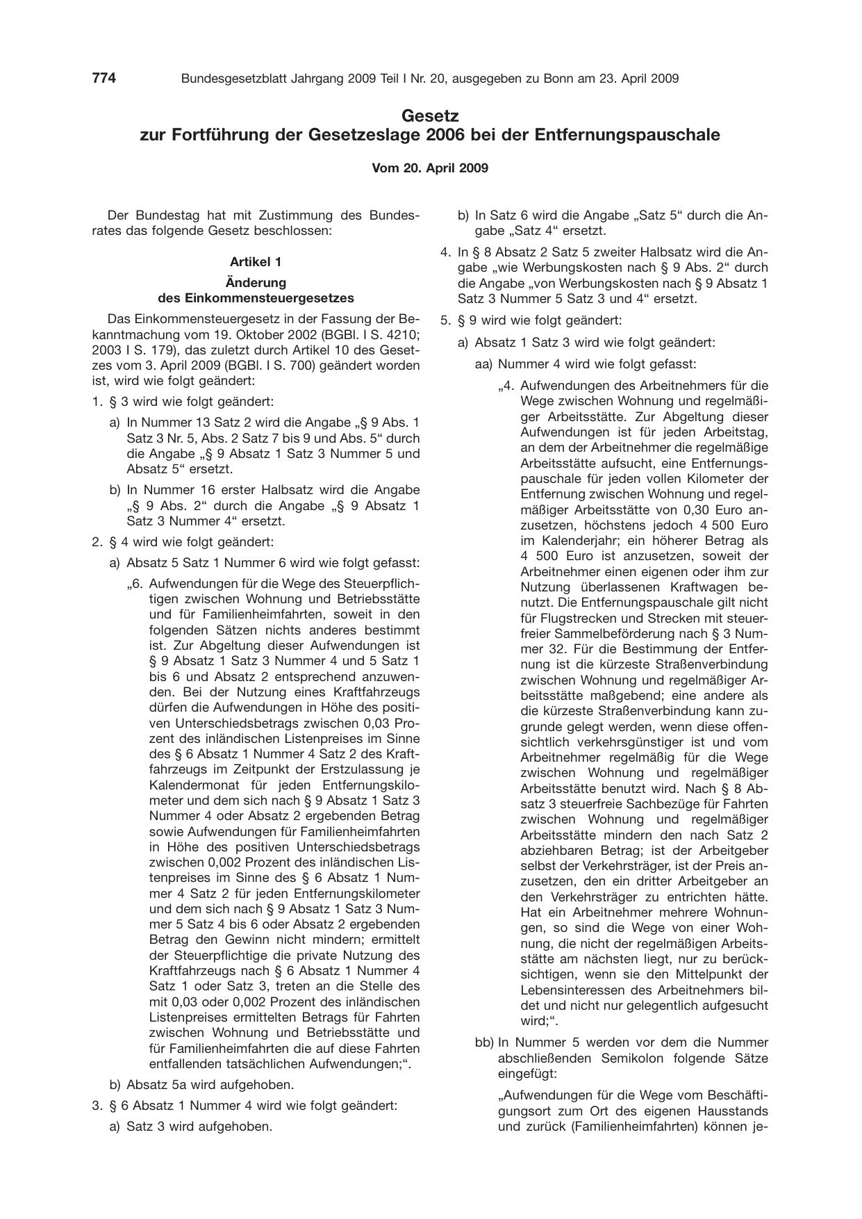 BGBl. 2009, Seite 774 — Originalseite als Abbildung