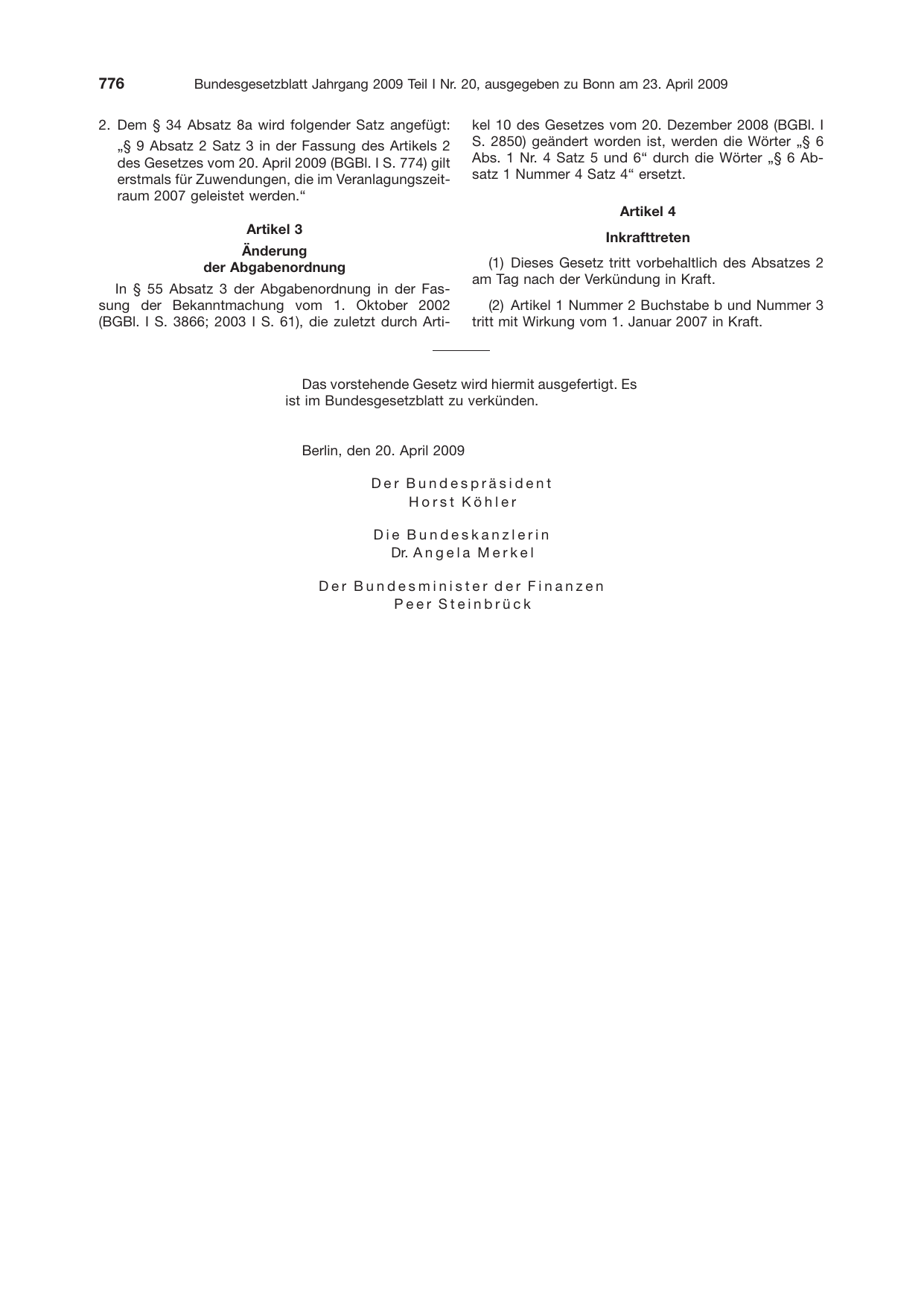 BGBl. 2009, Seite 776 — Originalseite als Abbildung