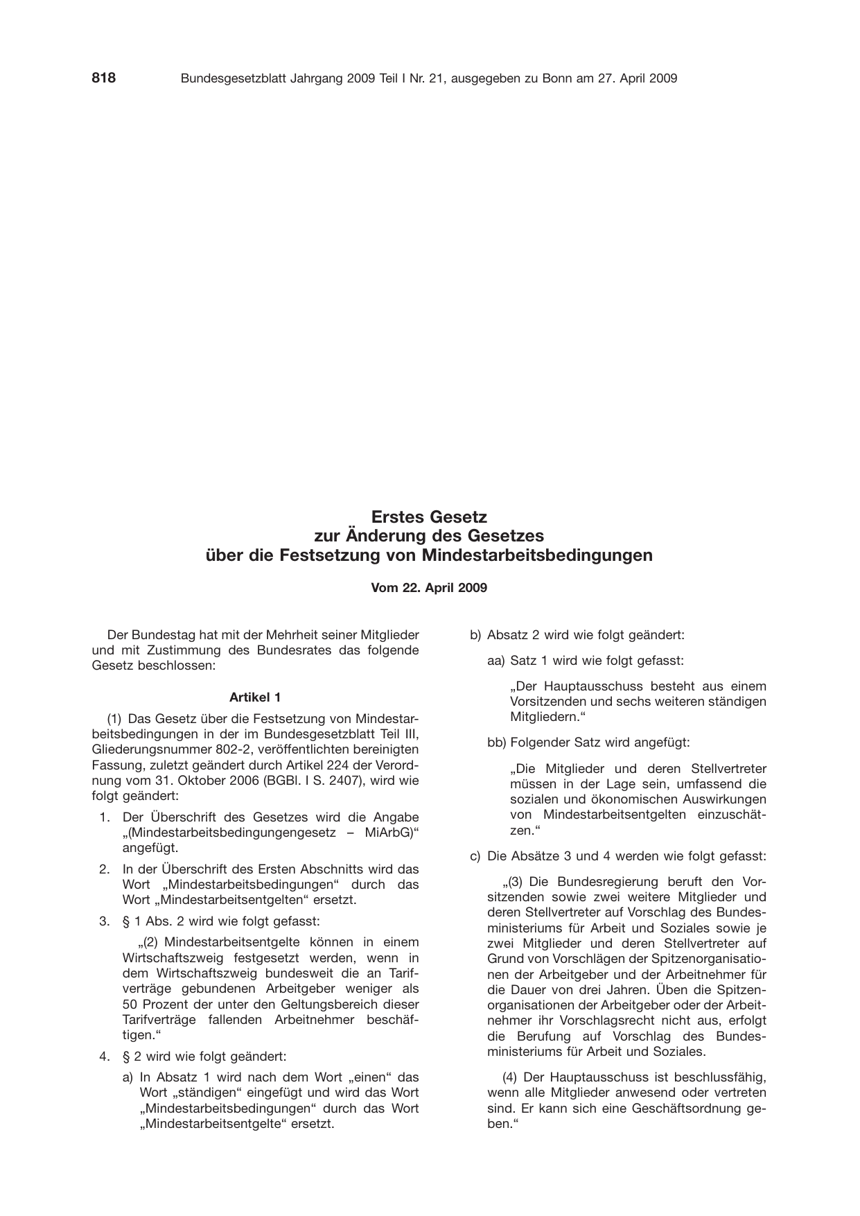 BGBl. 2009, Seite 818 — Originalseite als Abbildung