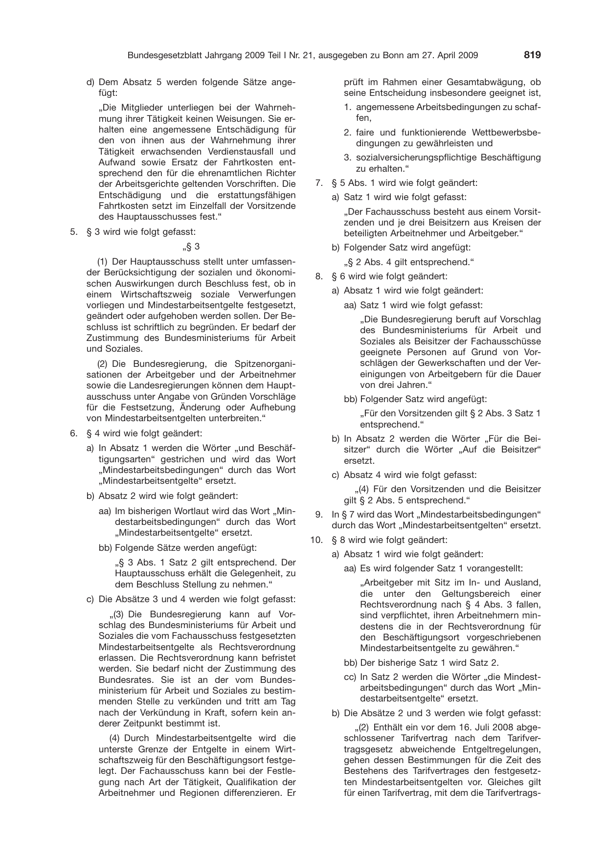 BGBl. 2009, Seite 819 — Originalseite als Abbildung