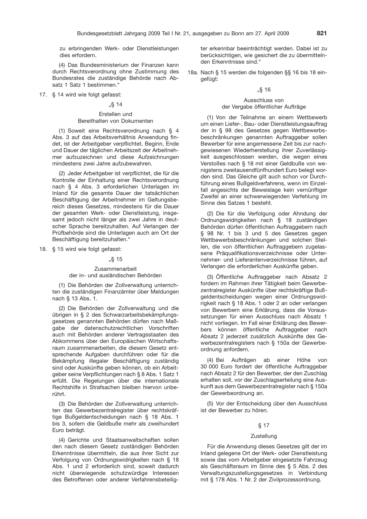 BGBl. 2009, Seite 821 — Originalseite als Abbildung