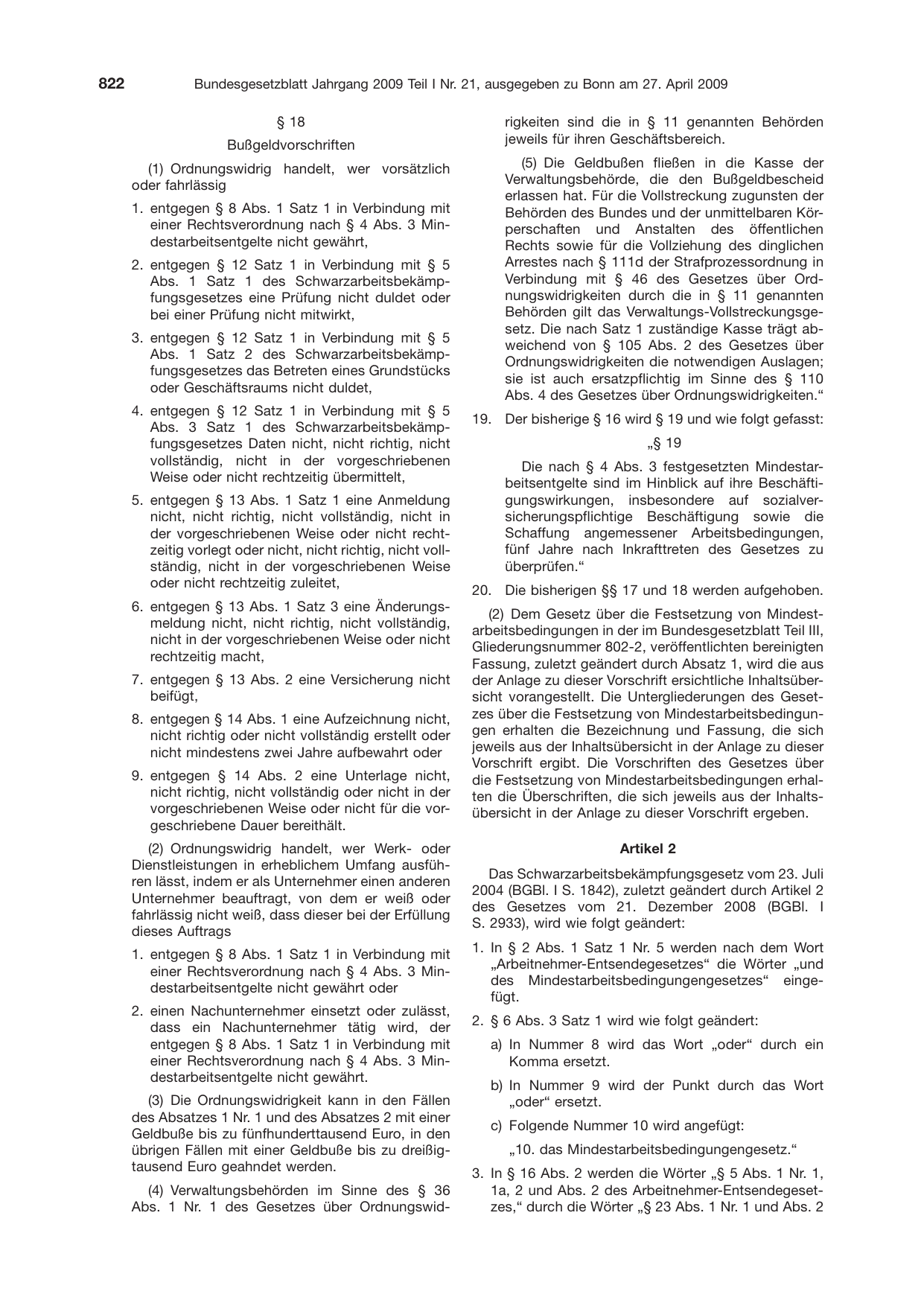 BGBl. 2009, Seite 822 — Originalseite als Abbildung