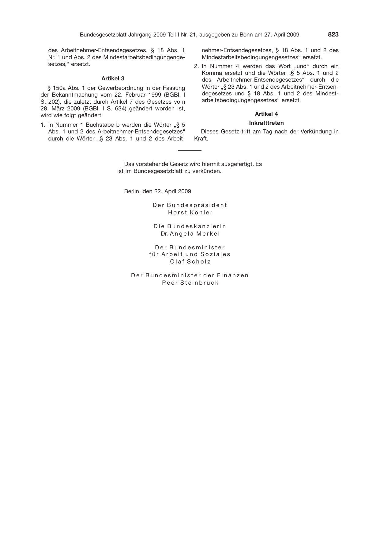 BGBl. 2009, Seite 823 — Originalseite als Abbildung