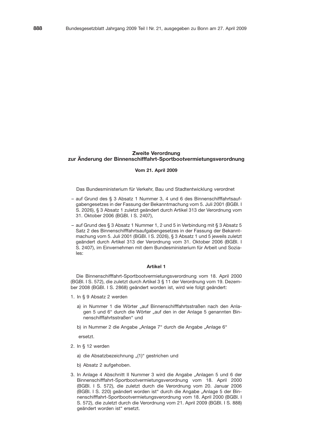 BGBl. 2009, Seite 888 — Originalseite als Abbildung