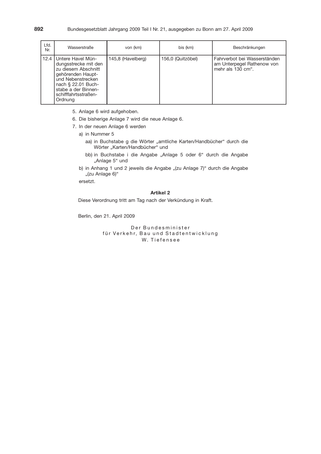 BGBl. 2009, Seite 892 — Originalseite als Abbildung