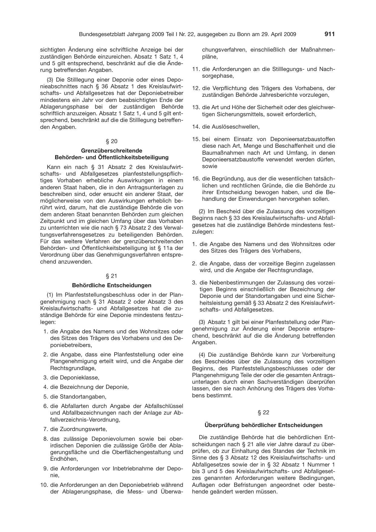 BGBl. 2009, Seite 911 — Originalseite als Abbildung