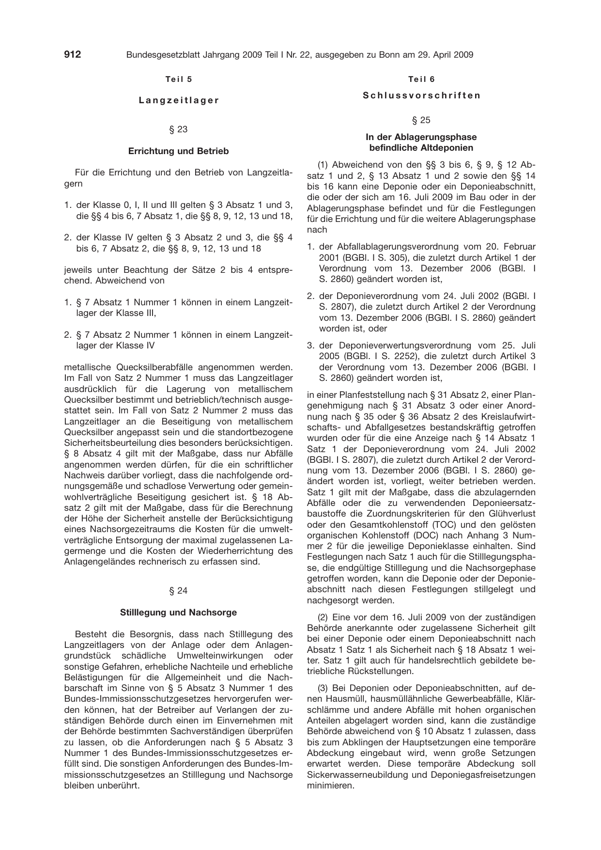 BGBl. 2009, Seite 912 — Originalseite als Abbildung