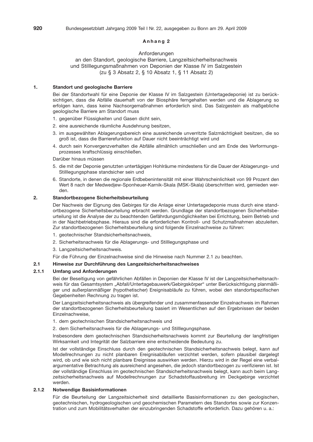 BGBl. 2009, Seite 920 — Originalseite als Abbildung