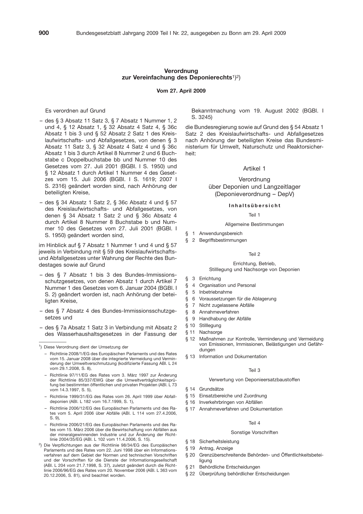 BGBl. 2009, Seite 900 — Originalseite als Abbildung
