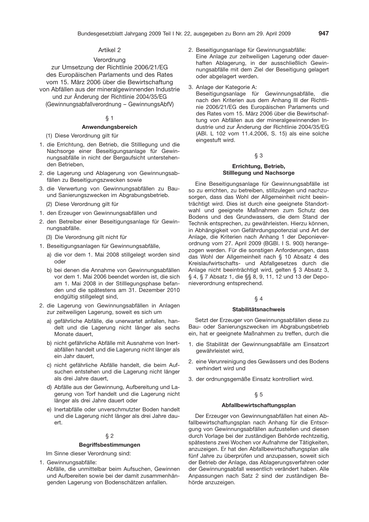 BGBl. 2009, Seite 947 — Originalseite als Abbildung