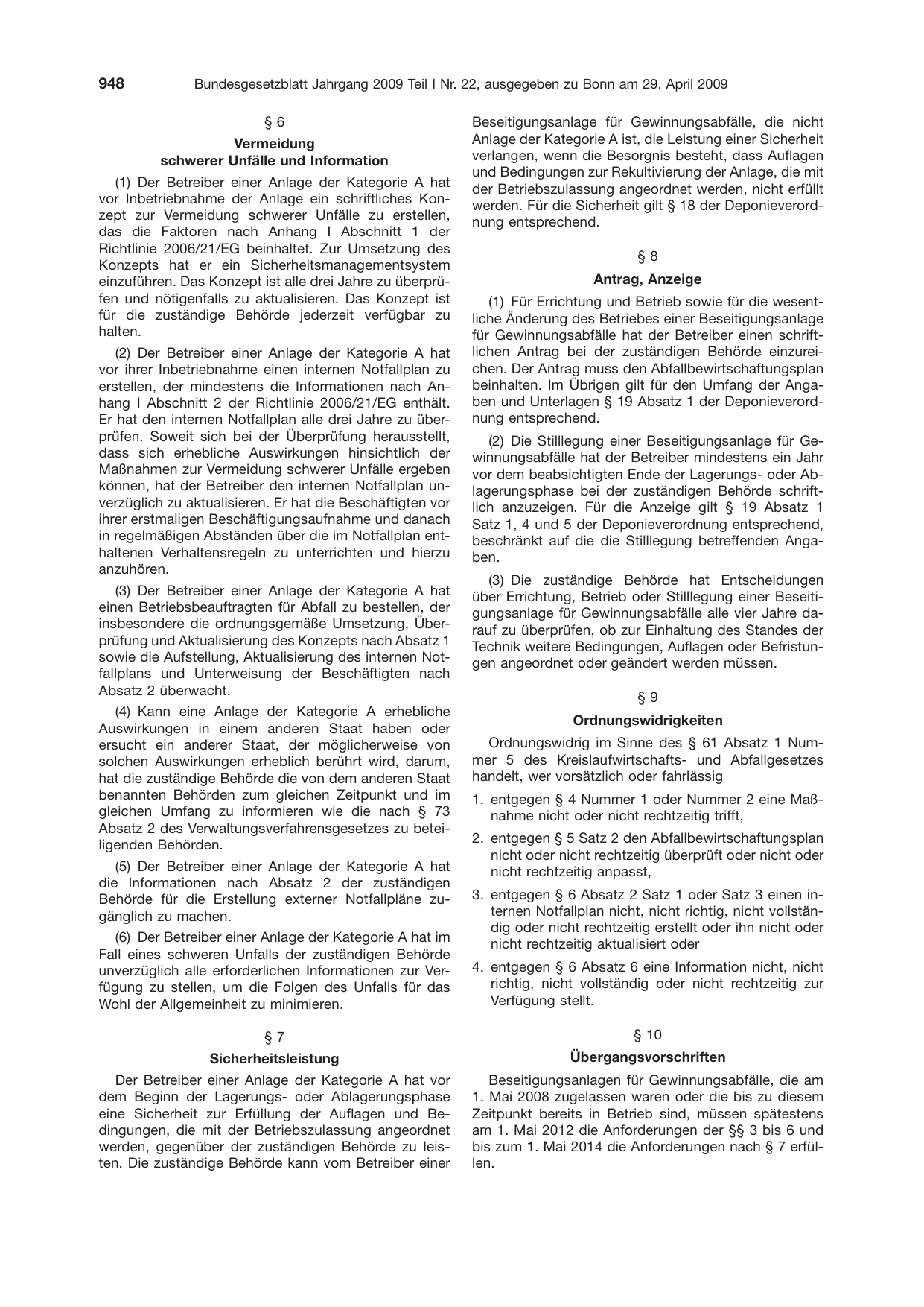 BGBl. 2009, Seite 948 — Originalseite als Abbildung
