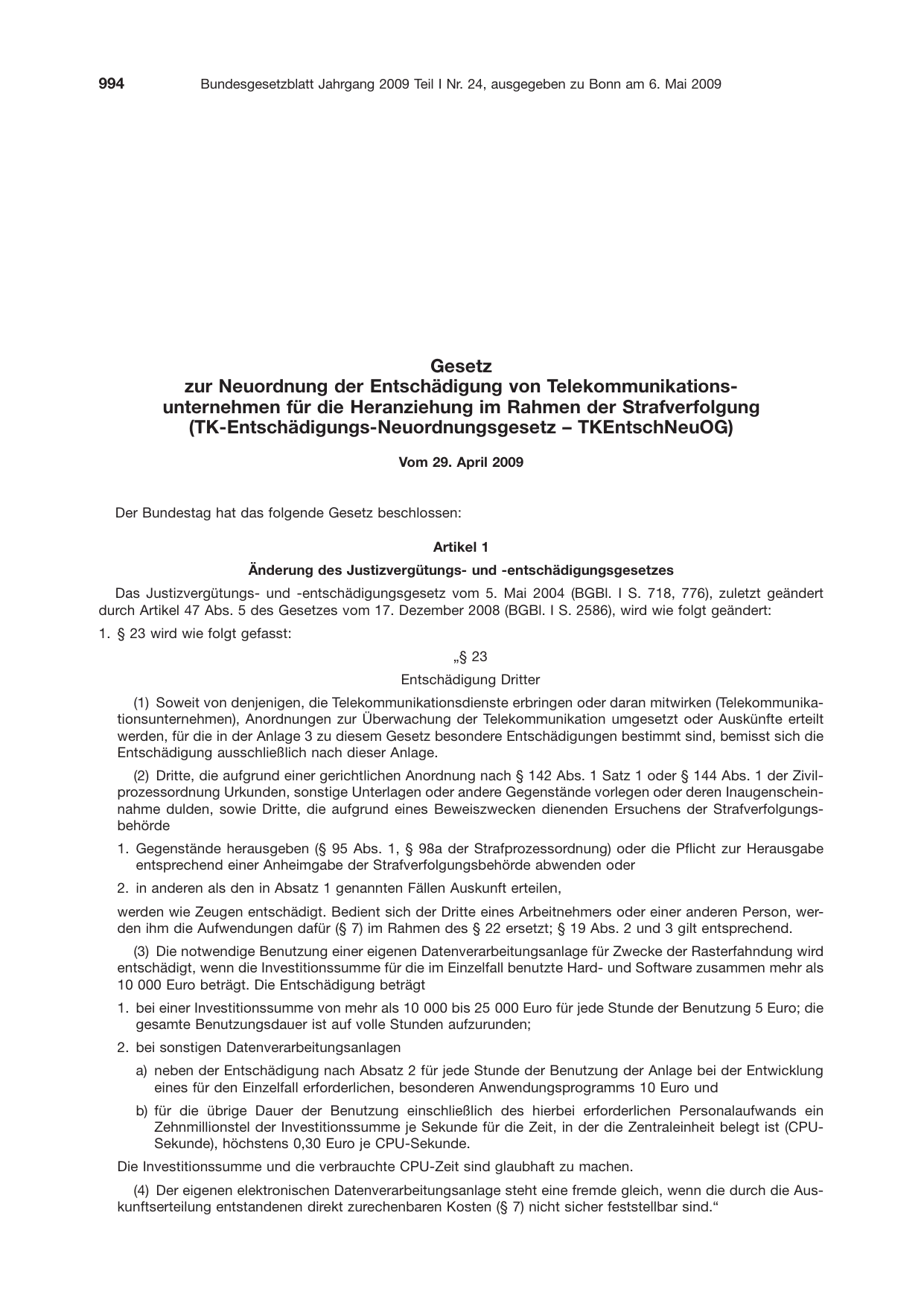 BGBl. 2009, Seite 994 — Originalseite als Abbildung