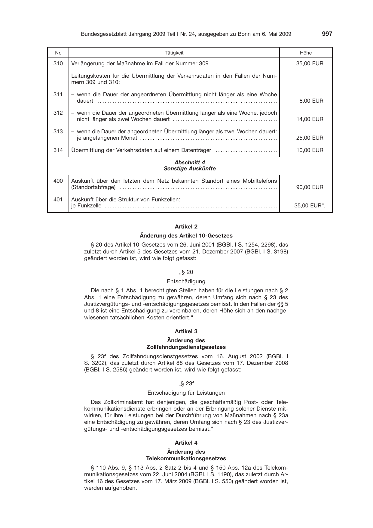 BGBl. 2009, Seite 997 — Originalseite als Abbildung