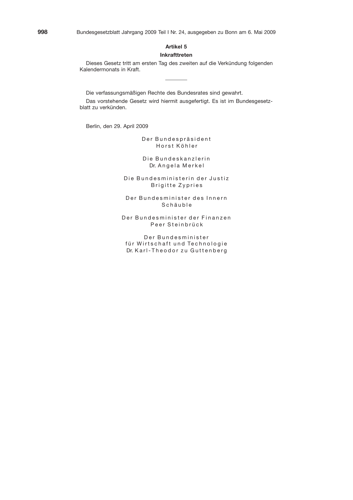 BGBl. 2009, Seite 998 — Originalseite als Abbildung