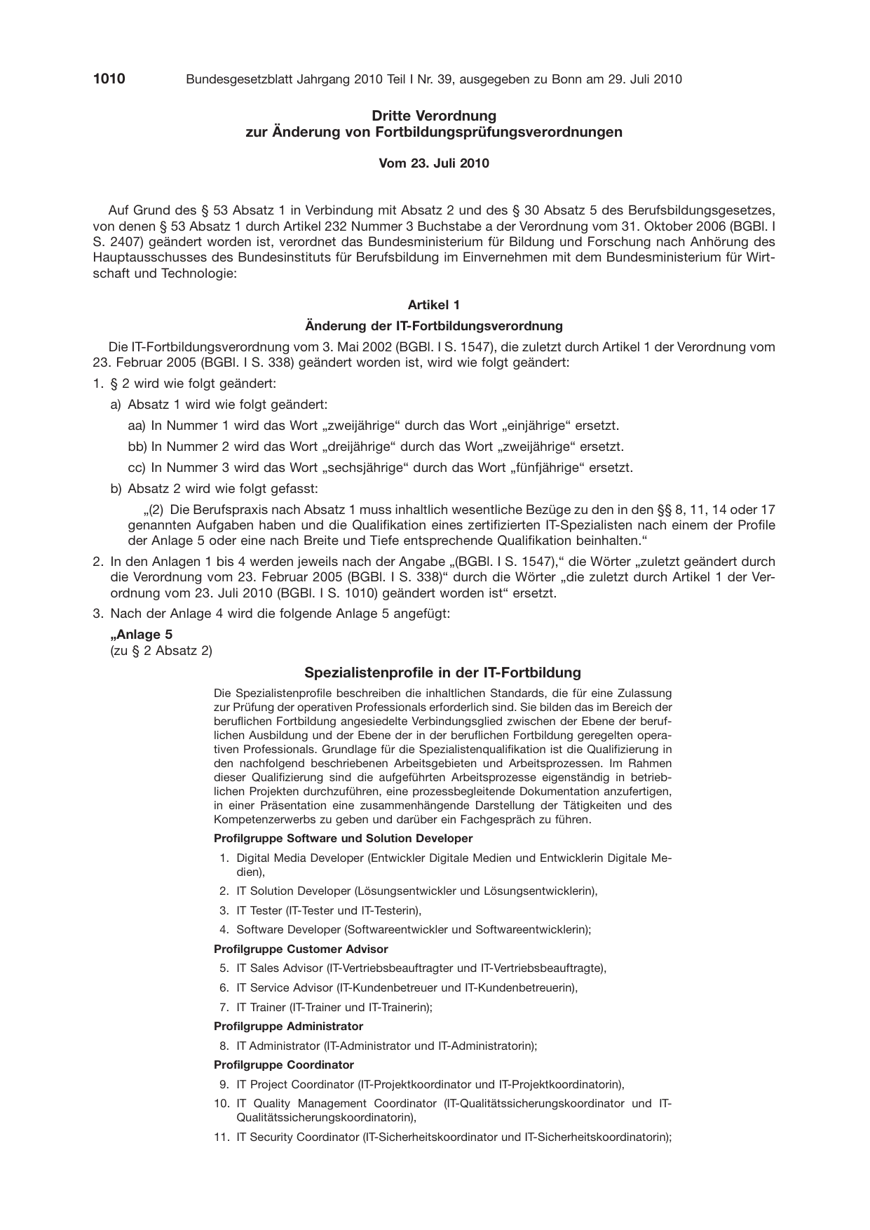 BGBl. 2010, Seite 1010 — Originalseite als Abbildung