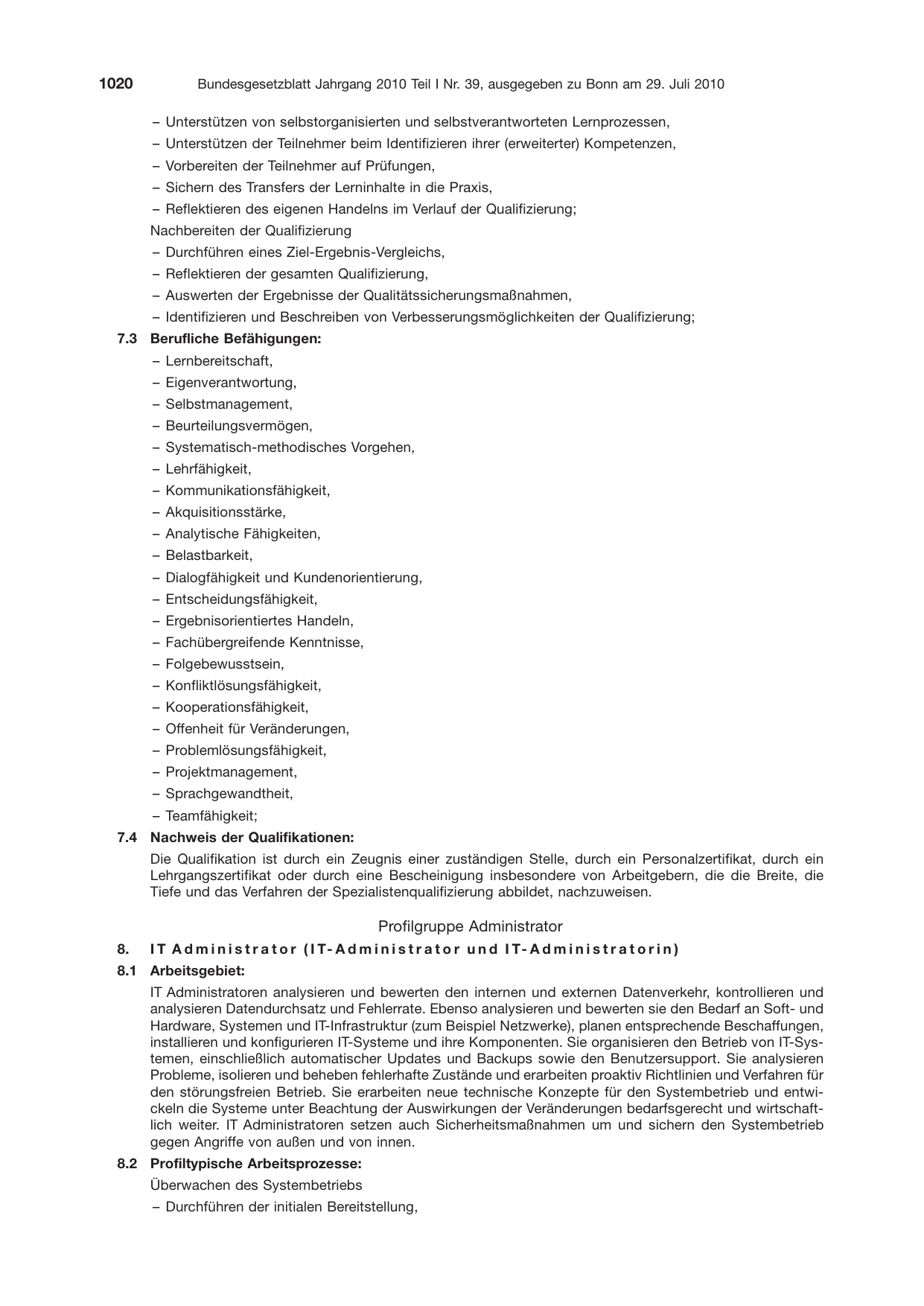 BGBl. 2010, Seite 1020 — Originalseite als Abbildung