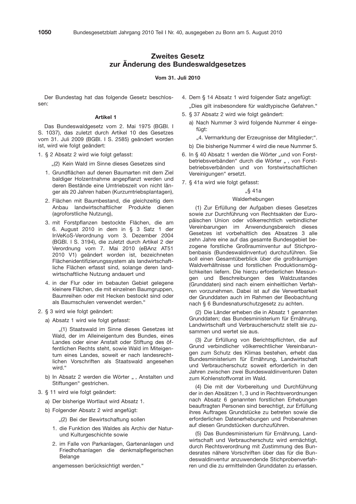 BGBl. 2010, Seite 1050 — Originalseite als Abbildung