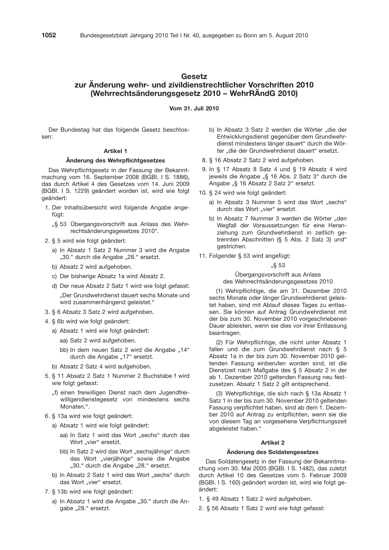 BGBl. 2010, Seite 1052 — Originalseite als Abbildung