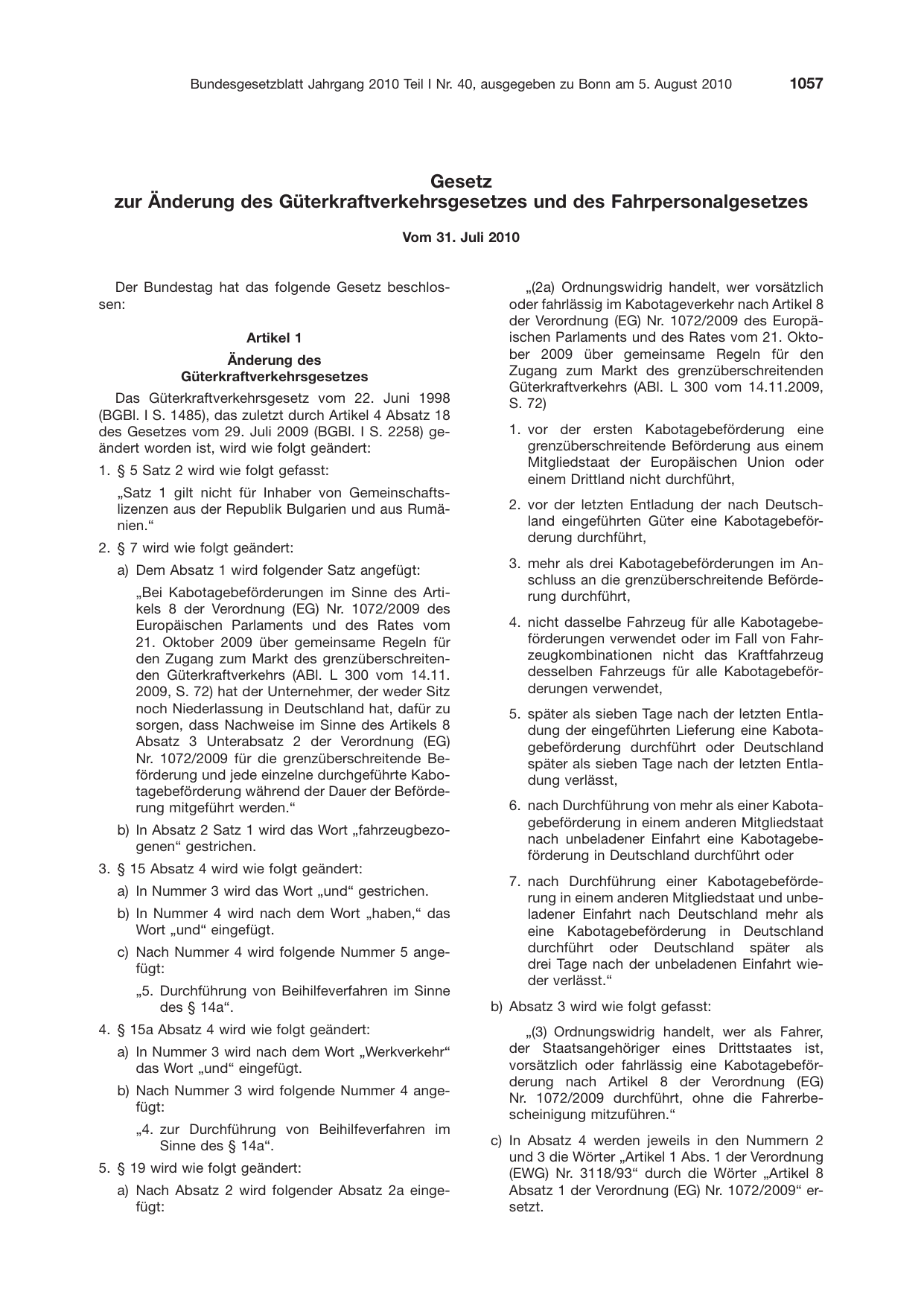 BGBl. 2010, Seite 1057 — Originalseite als Abbildung