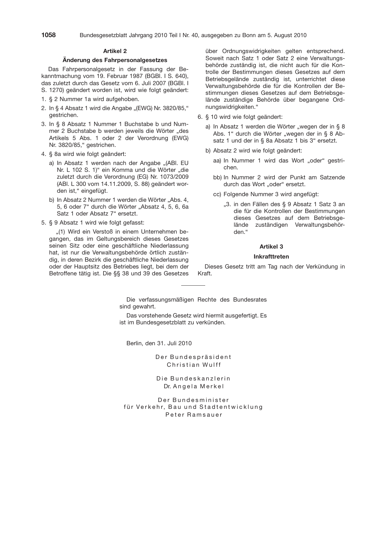 BGBl. 2010, Seite 1058 — Originalseite als Abbildung