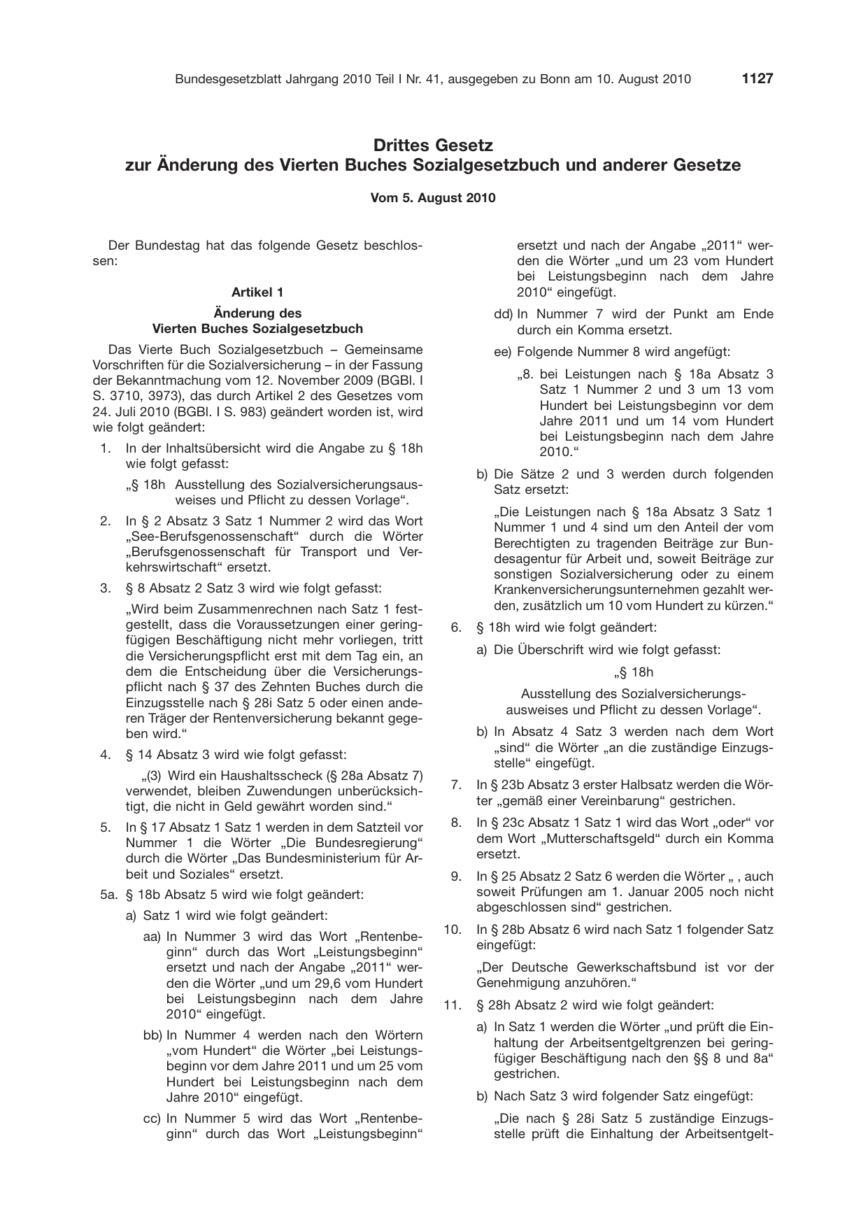 BGBl. 2010, Seite 1127 — Originalseite als Abbildung