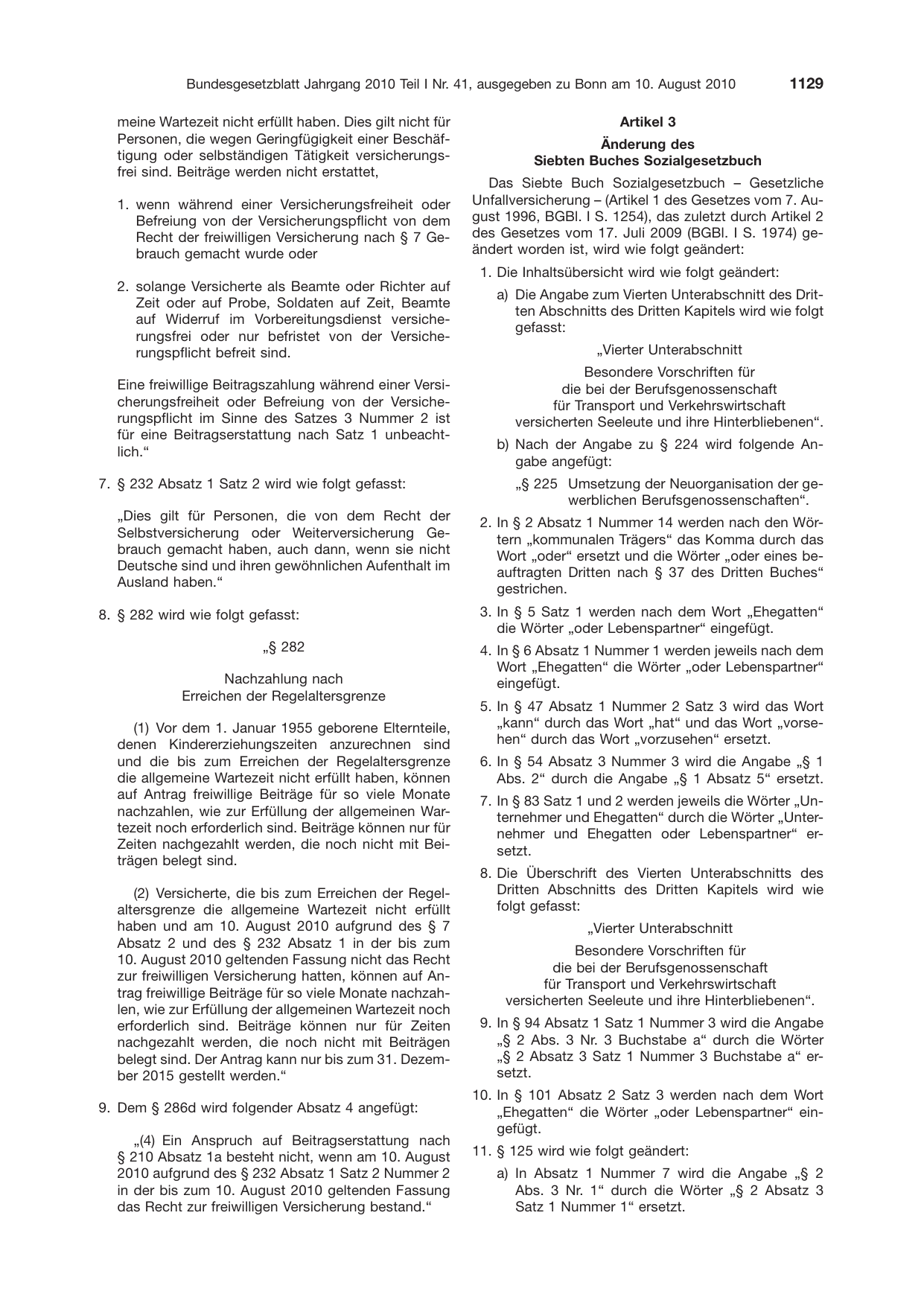 BGBl. 2010, Seite 1129 — Originalseite als Abbildung