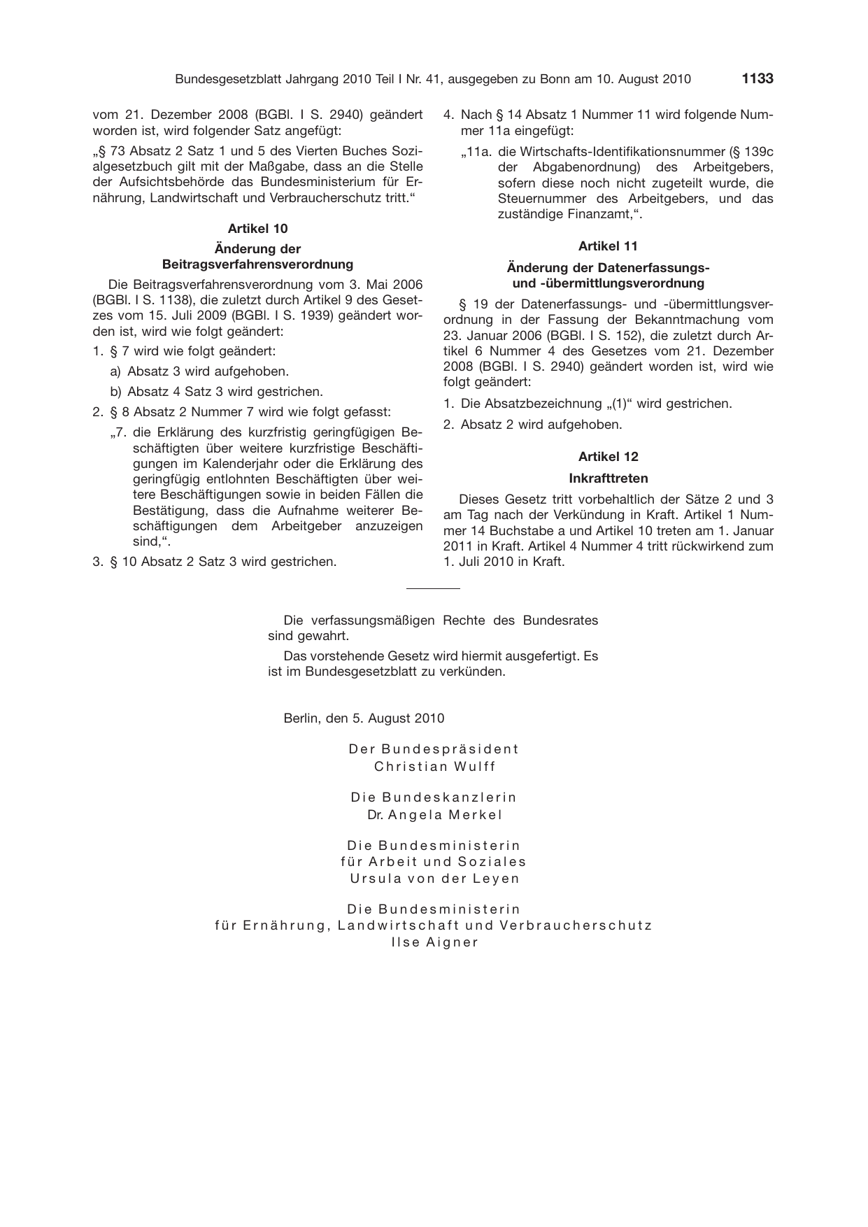 BGBl. 2010, Seite 1133 — Originalseite als Abbildung