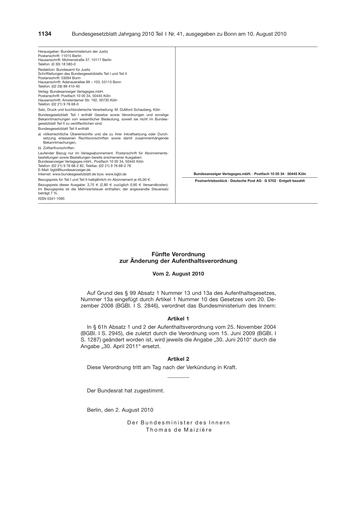 BGBl. 2010, Seite 1134 — Originalseite als Abbildung