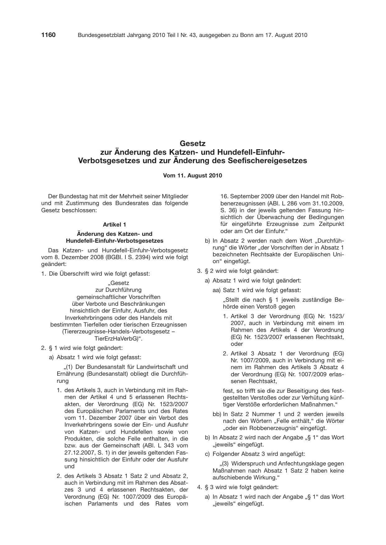 BGBl. 2010, Seite 1160 — Originalseite als Abbildung