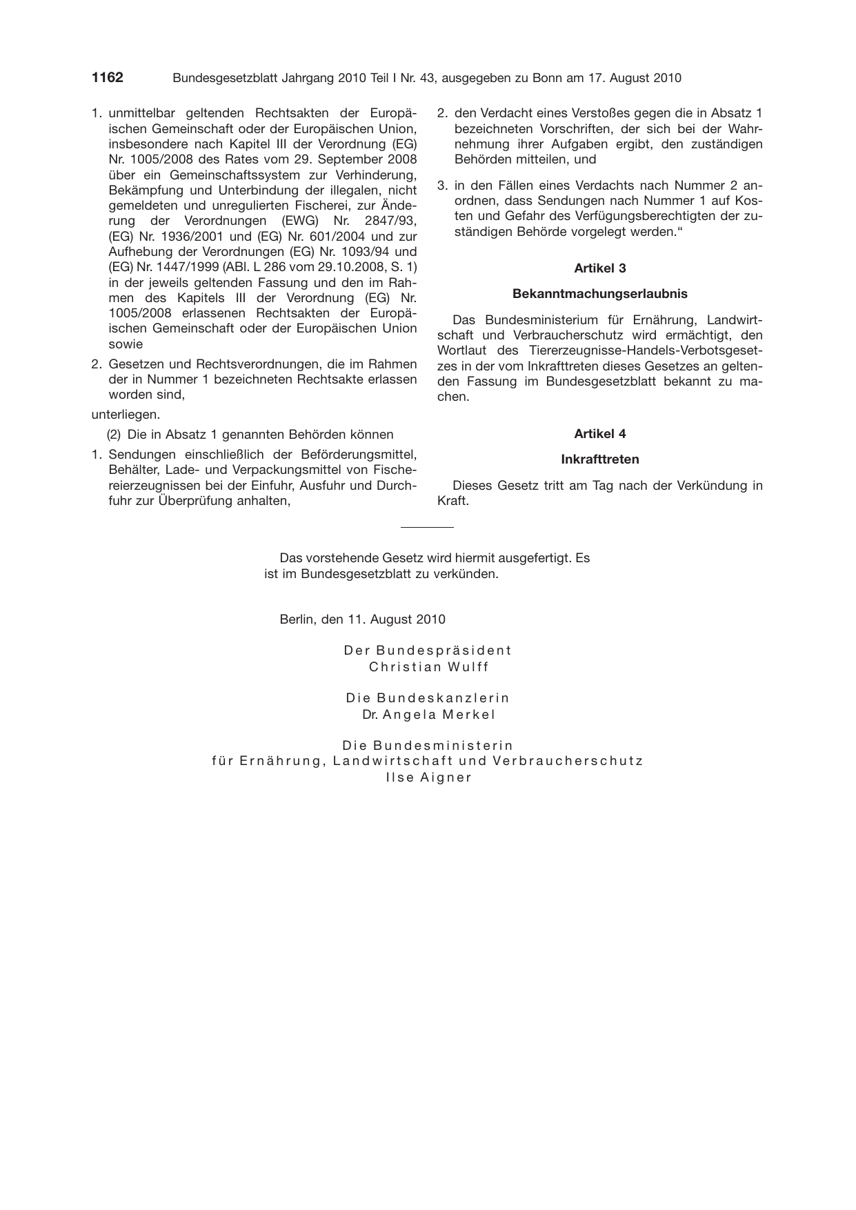 BGBl. 2010, Seite 1162 — Originalseite als Abbildung