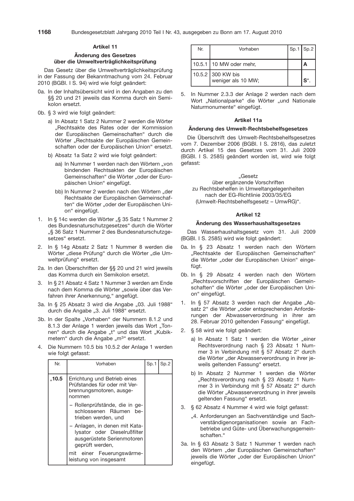 BGBl. 2010, Seite 1168 — Originalseite als Abbildung