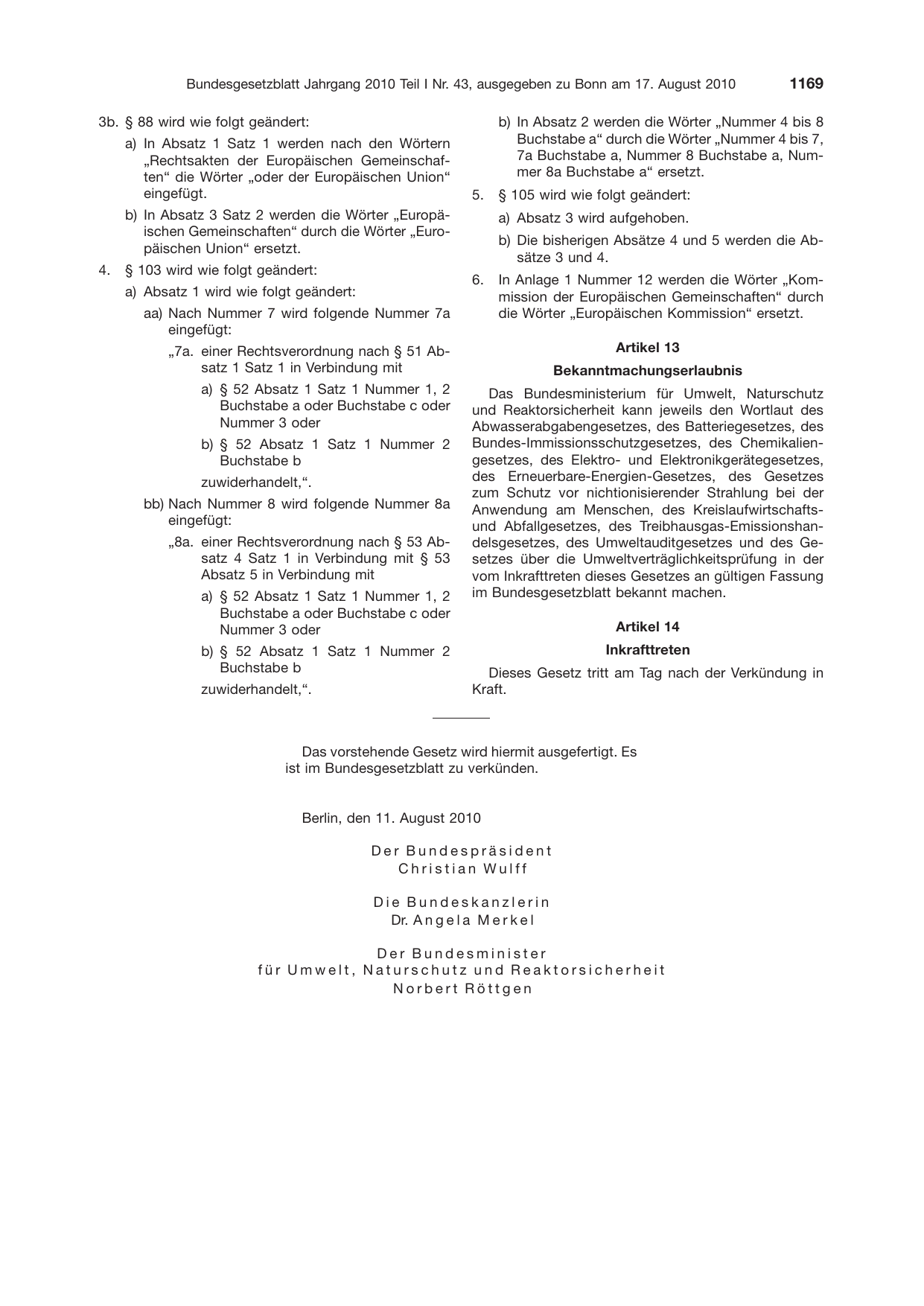 BGBl. 2010, Seite 1169 — Originalseite als Abbildung
