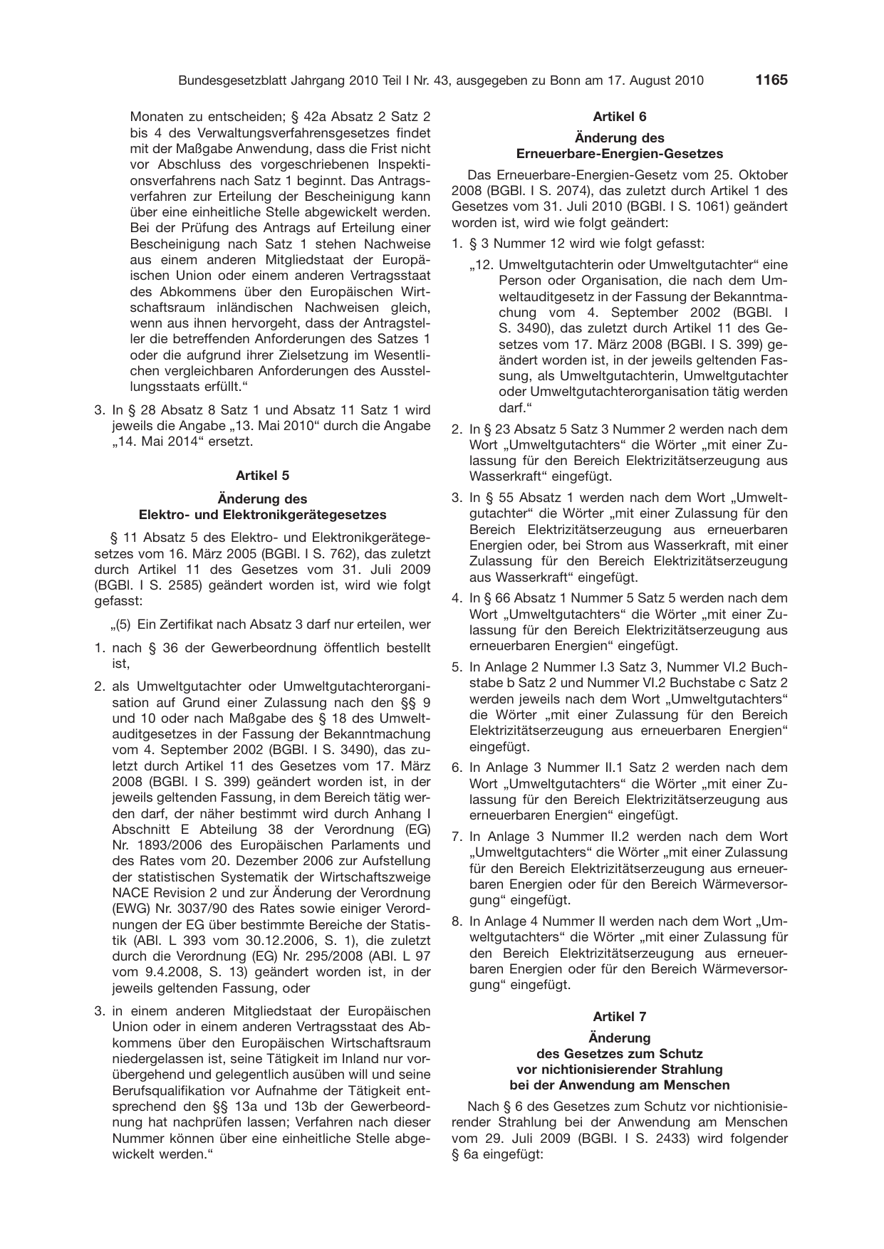 BGBl. 2010, Seite 1165 — Originalseite als Abbildung