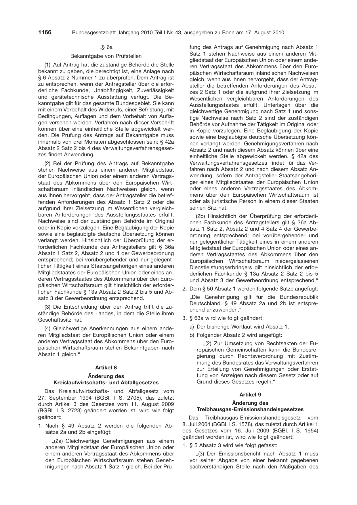 BGBl. 2010, Seite 1166 — Originalseite als Abbildung