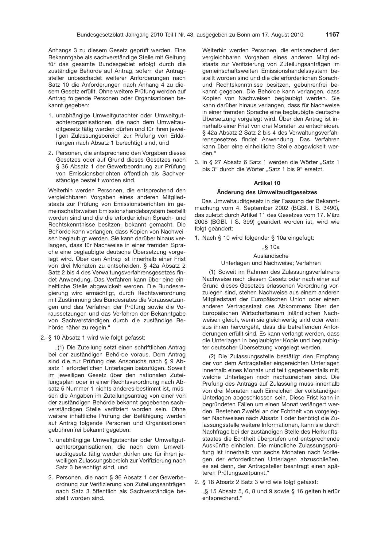 BGBl. 2010, Seite 1167 — Originalseite als Abbildung